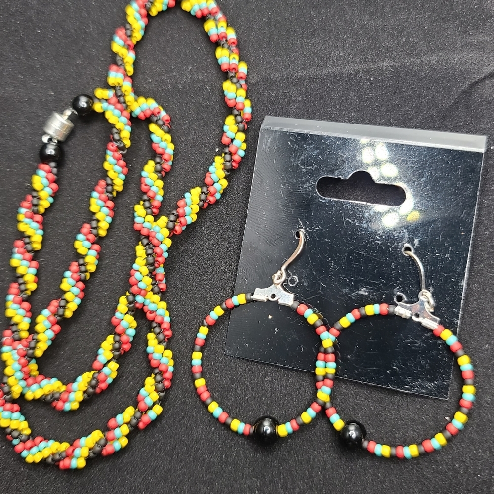 Rasta Reggae Multicolor seed beads Multistrand twist Necklace & Earrings Handmad - Picture 10 of 11